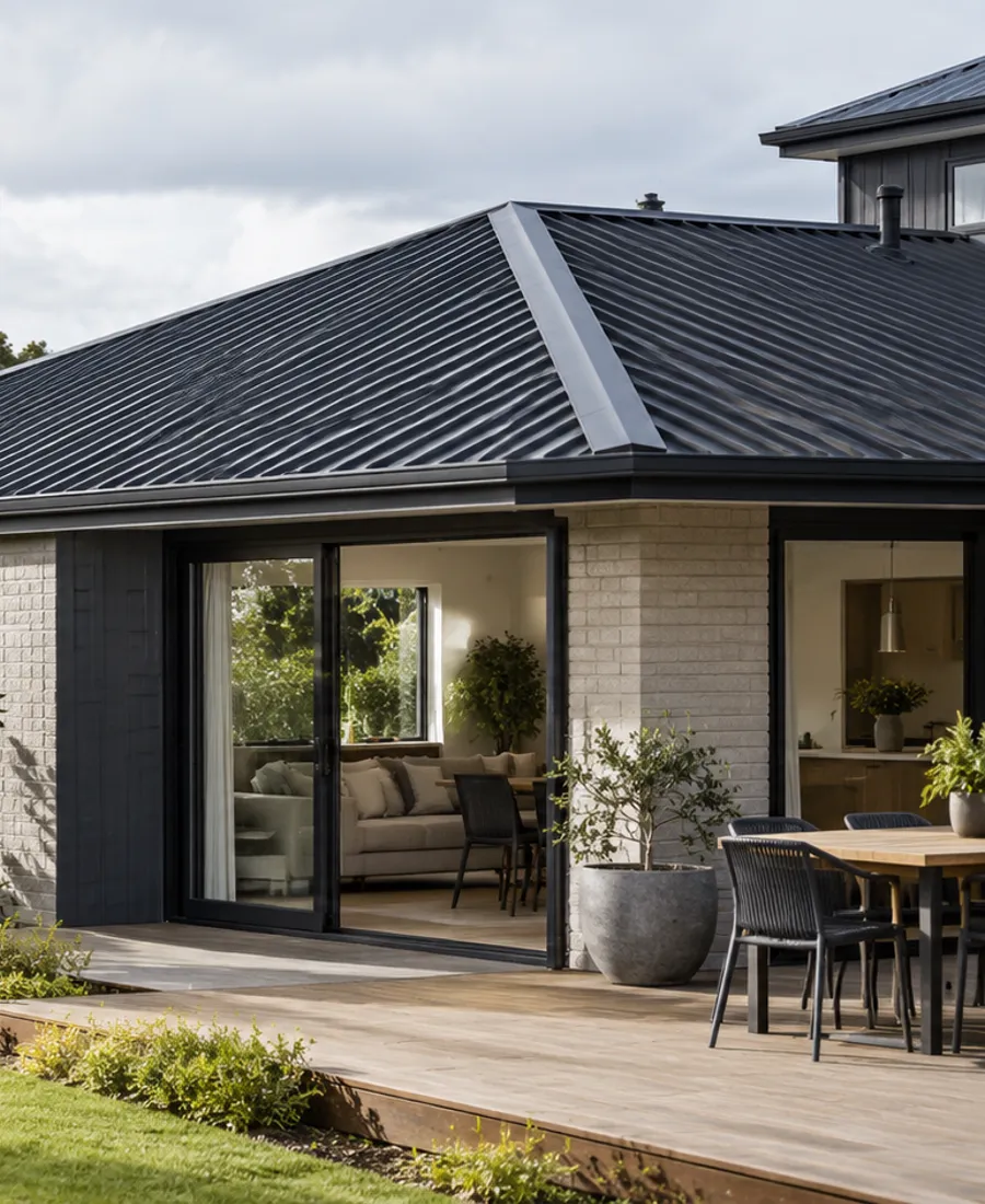 Roof-focused architectural photograph of a low-rise townhouse with a dark profiled metal roof in a leafy Auckland-style residential setting