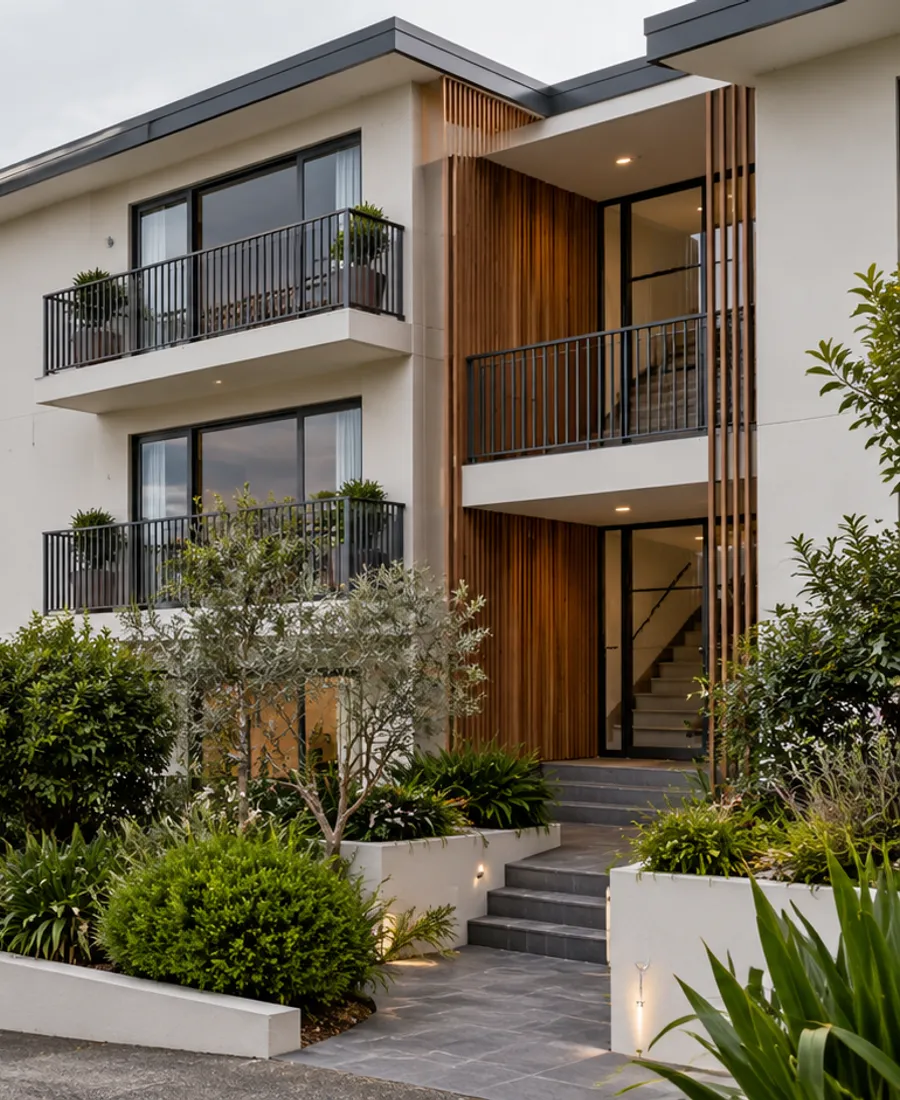 Small low-rise Auckland apartment building with freshly painted exterior and shared entry garden