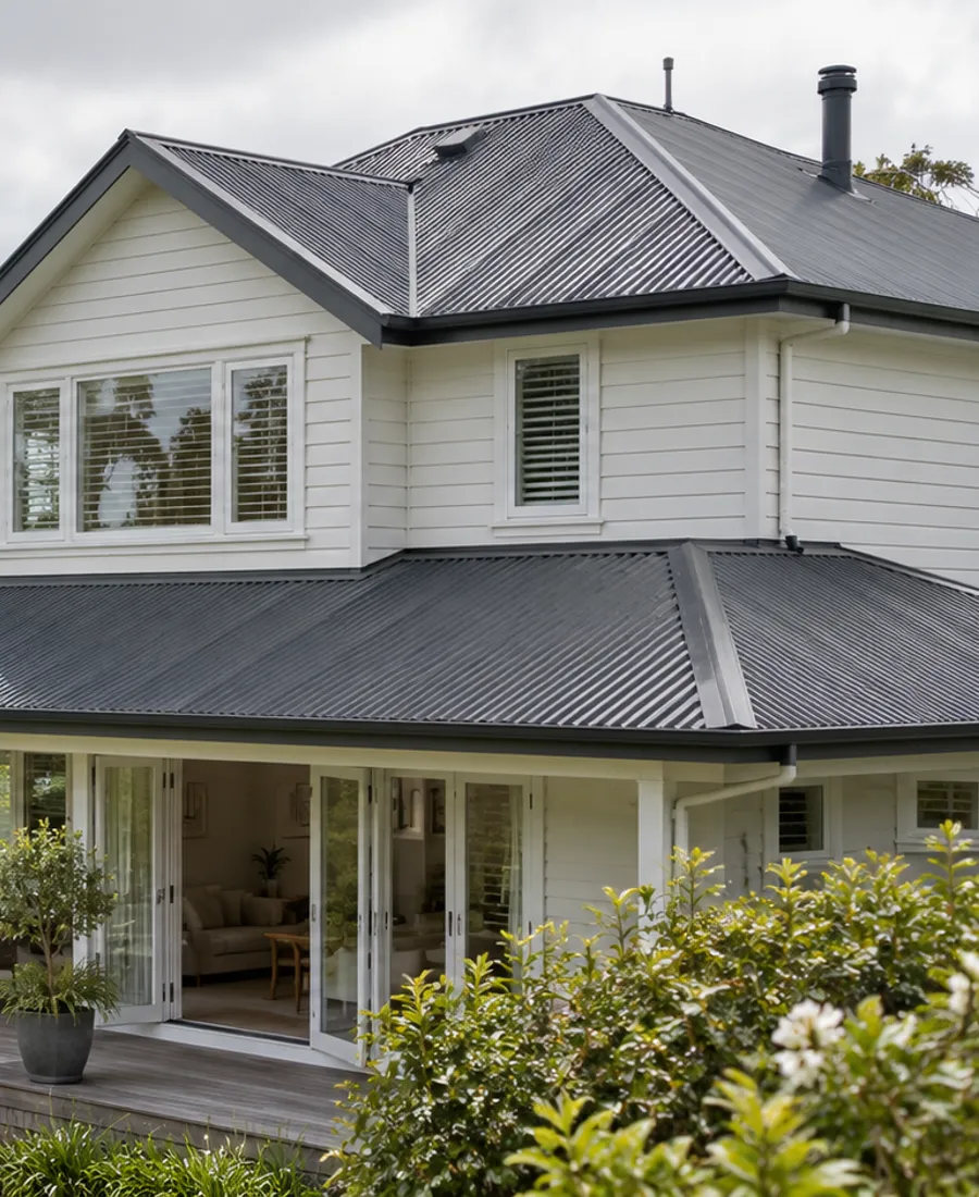 Roof-focused architectural photograph of a two-storey weatherboard home with a pitched metal roof in a leafy Auckland-style residential setting