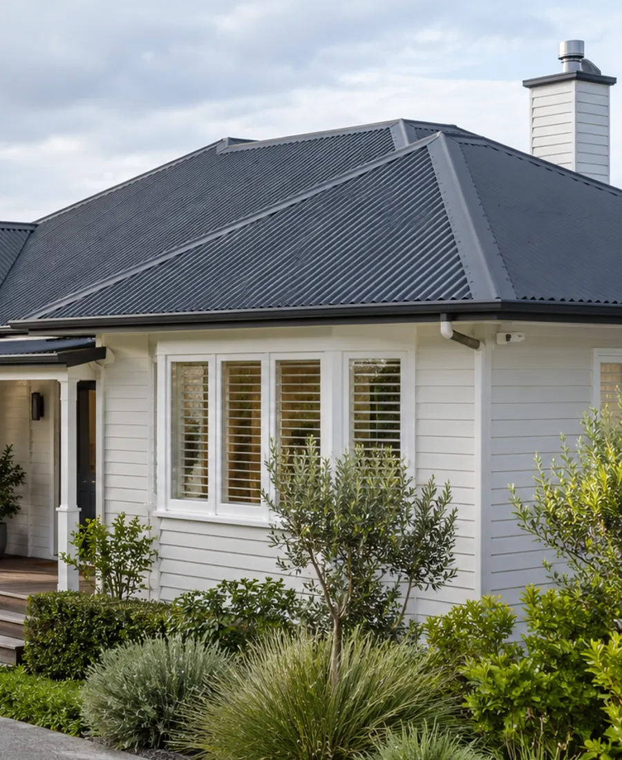Roof-focused architectural photograph of a single-storey weatherboard bungalow with a charcoal corrugated roof in a leafy Auckland-style residential setting