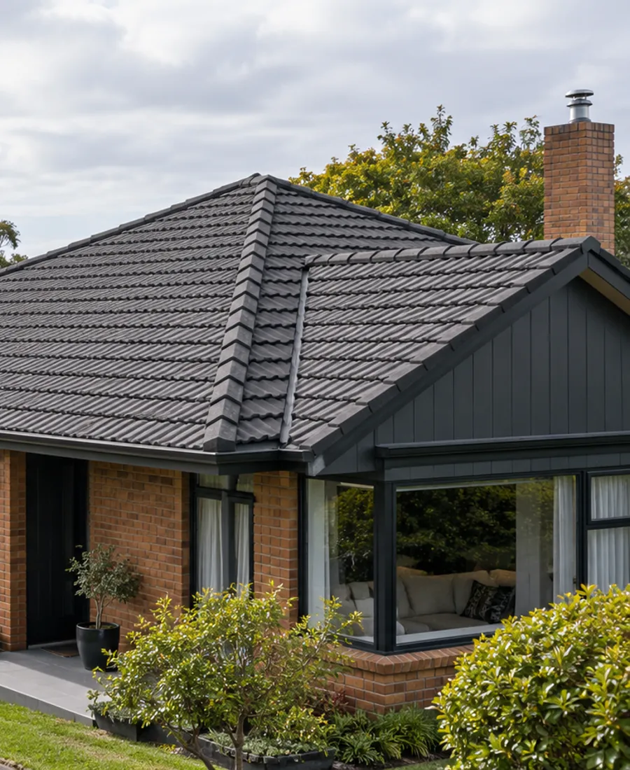Roof-focused architectural photograph of a modest brick-and-timber house with concrete roof tiles in a leafy Auckland-style residential setting