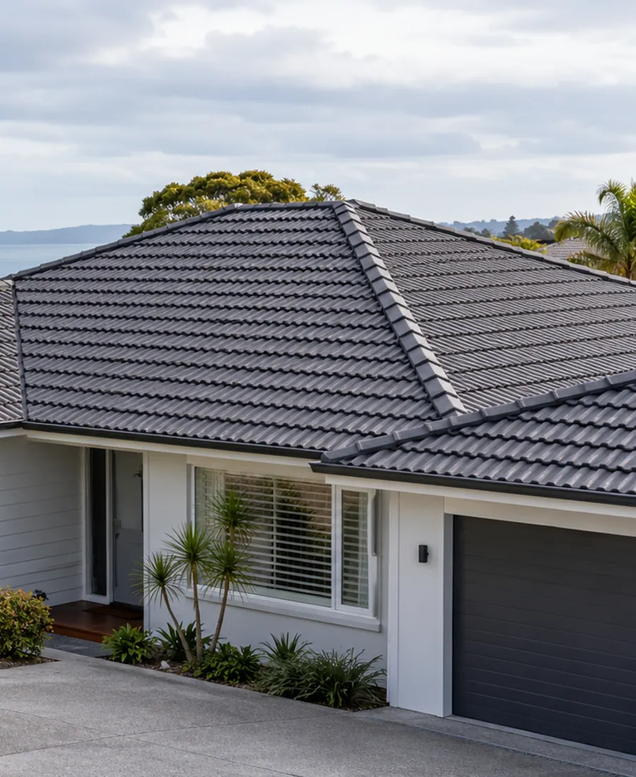 Roof-focused architectural photograph of a simple mid-century home with a tiled hip roof in a leafy Auckland-style residential setting