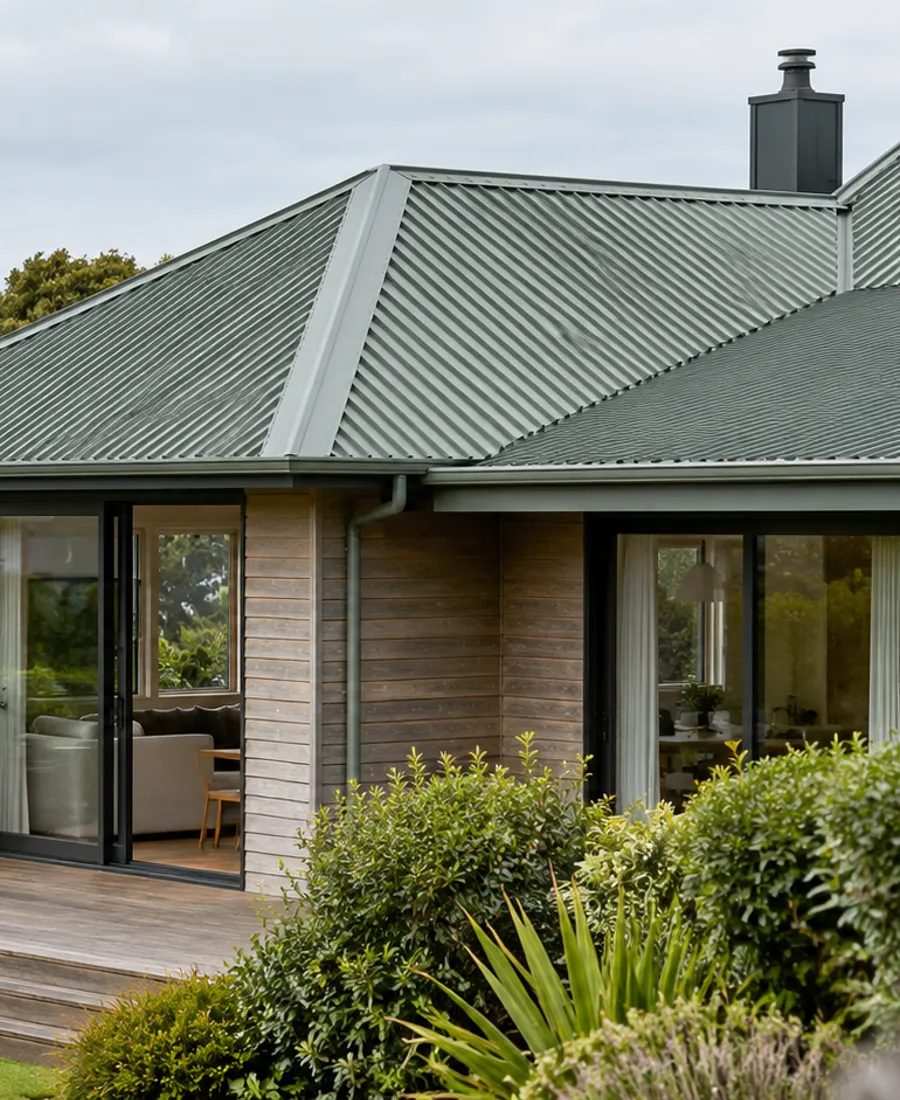 Roof-focused architectural photograph of a small family home with timber cladding and a green-grey steel roof in a leafy Auckland-style residential setting