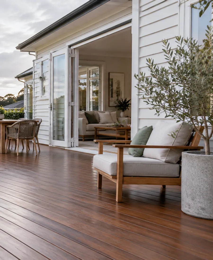 Timber deck with a credible protective finish beside an Auckland weatherboard house, outdoor chair and soft planting