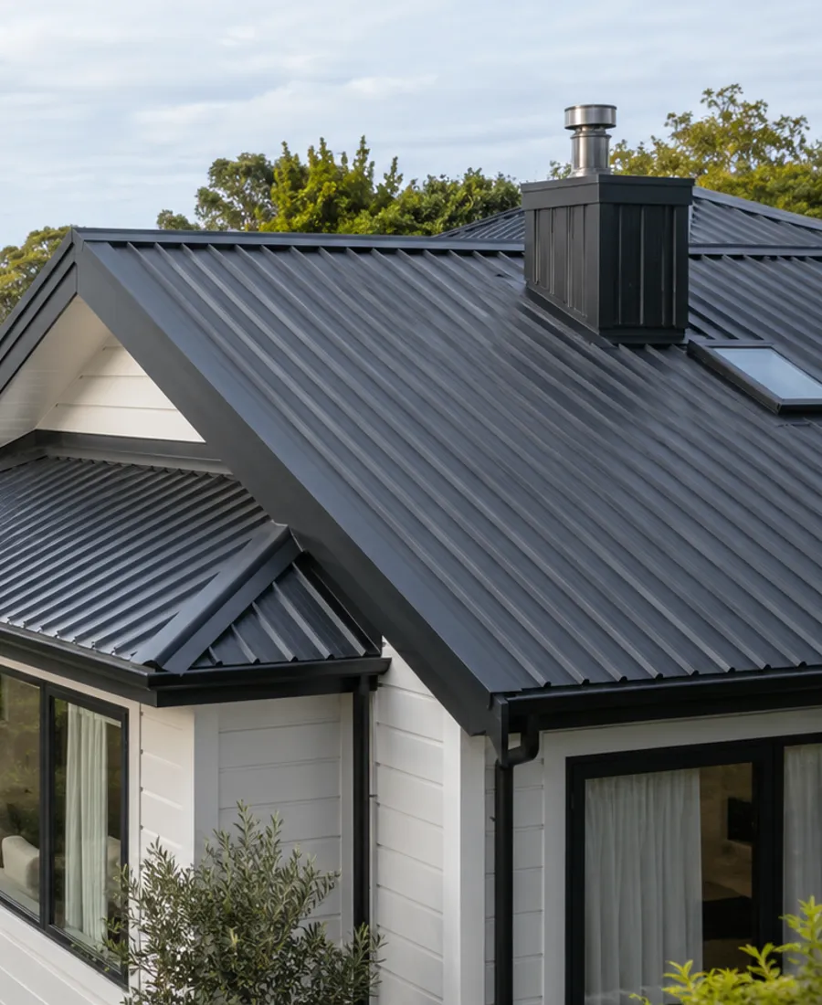 Roof-focused architectural photograph of a low-rise townhouse with a dark profiled metal roof in a leafy Auckland-style residential setting