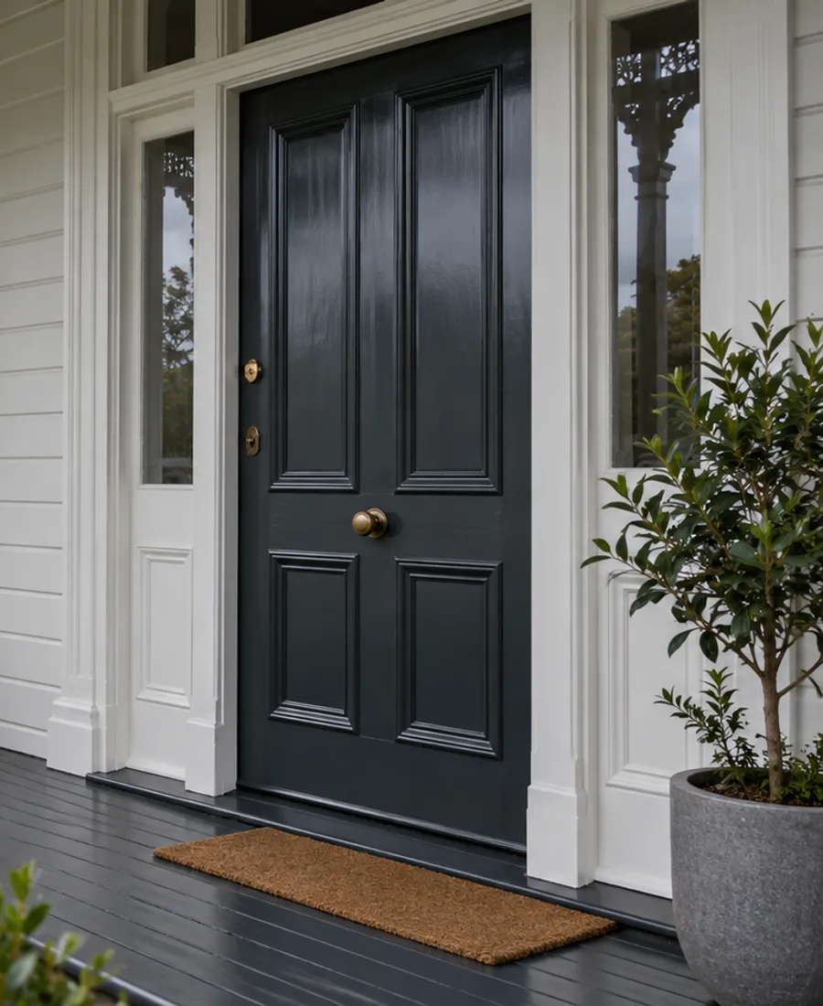 Elegant but modest painted timber entrance door and matching frame on an Auckland villa, close material-focused architectural view