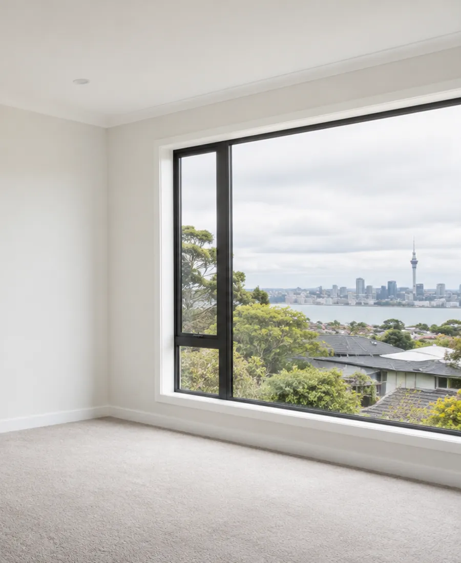 Naturally lit Auckland room showing smooth painted plasterboard wall and ceiling junctions, unadorned finish and window reveal