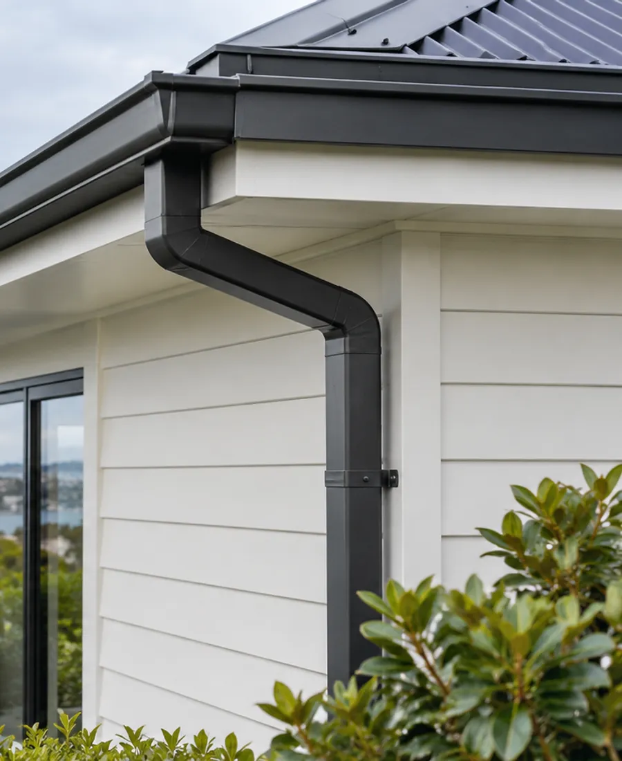 New charcoal guttering and downpipe fitted to a pale Auckland house, roof-edge and corner detail
