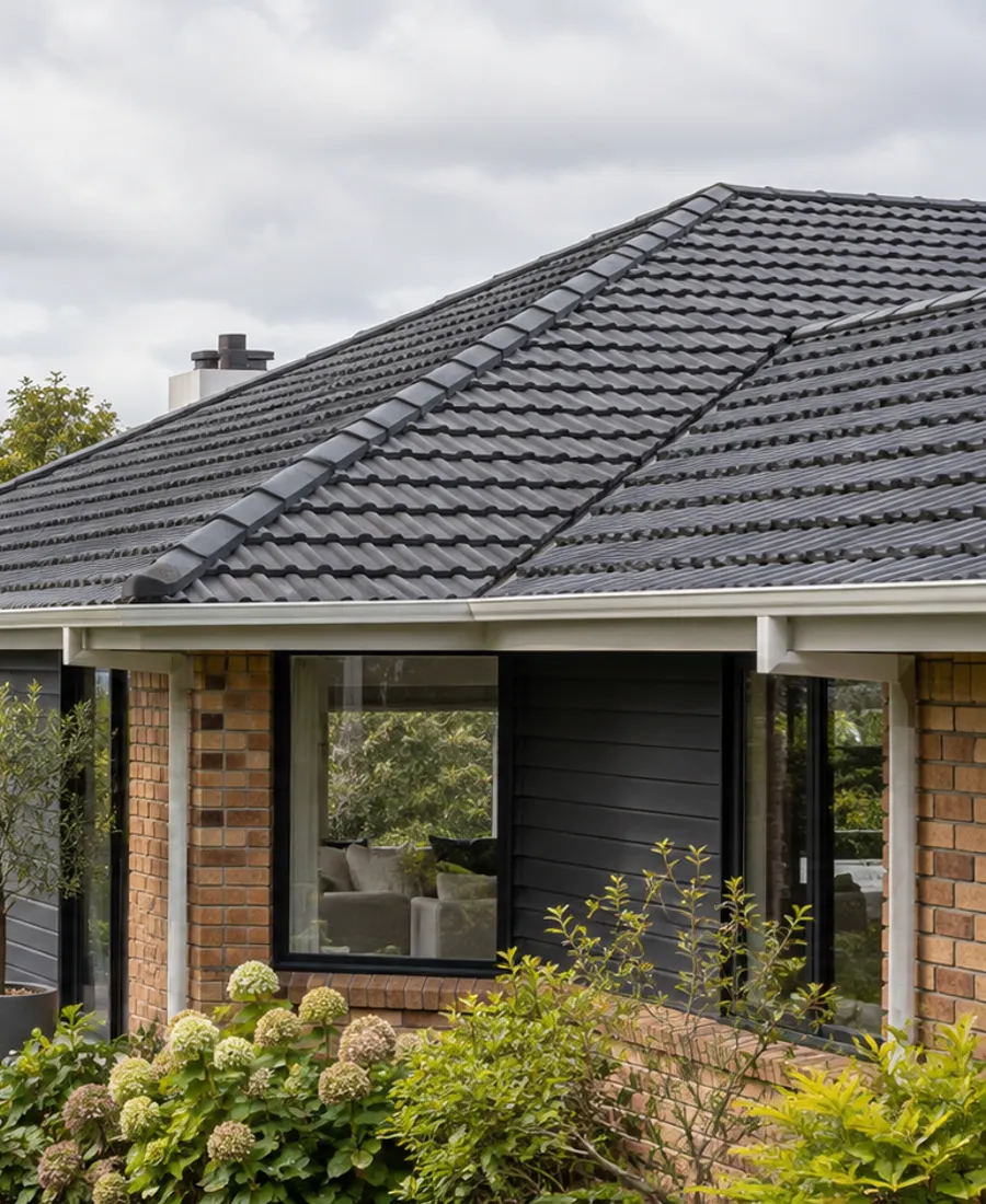 Roof-focused architectural photograph of a modest brick-and-timber house with concrete roof tiles in a leafy Auckland-style residential setting
