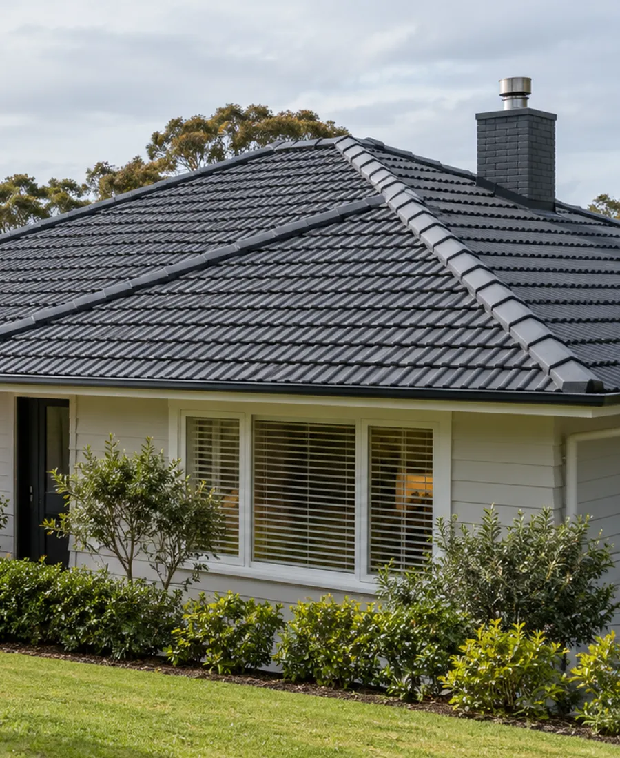 Roof-focused architectural photograph of a simple mid-century home with a tiled hip roof in a leafy Auckland-style residential setting