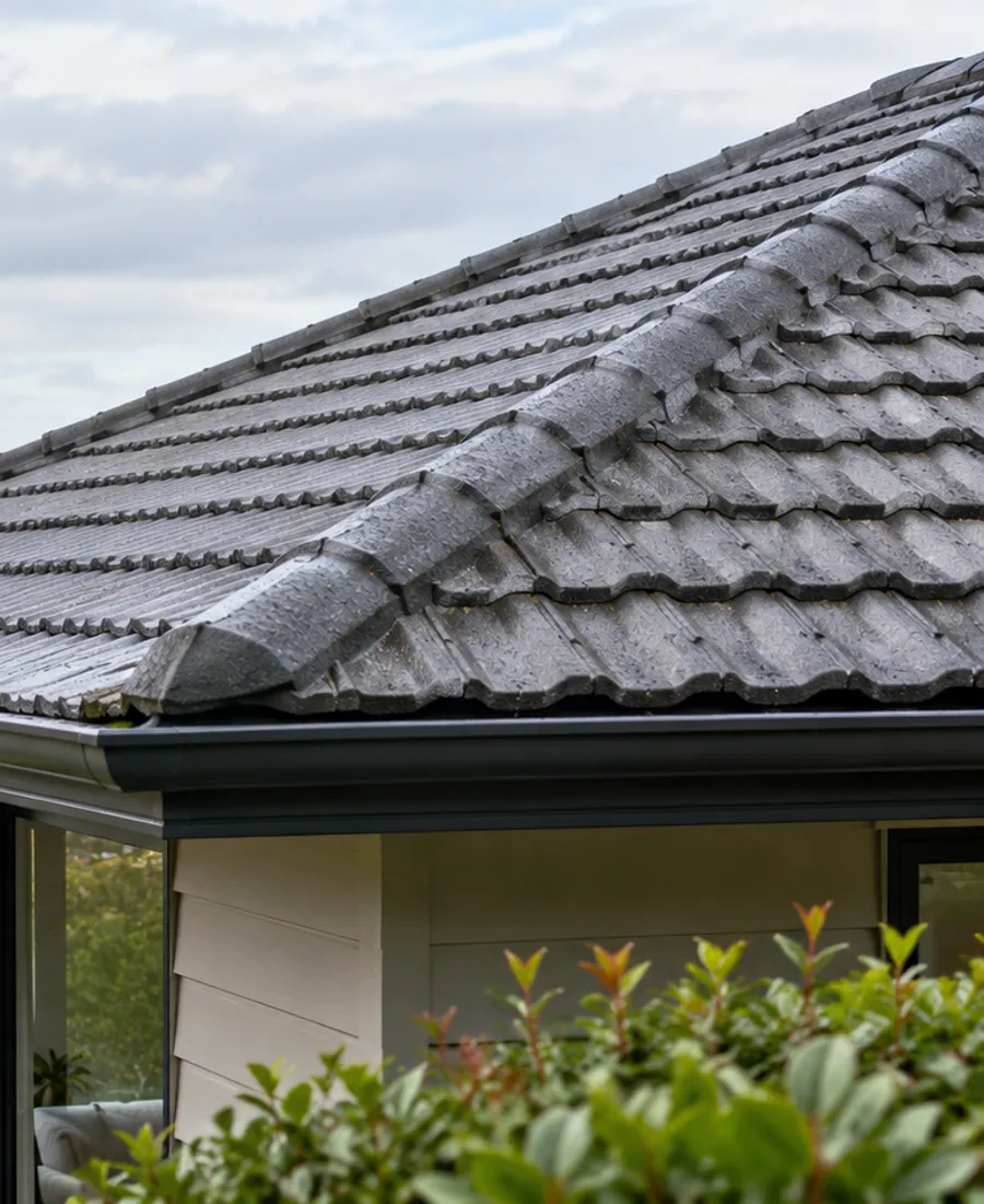 Damp but clean concrete tile roof with a little realistic age, soft garden bokeh, roof care context