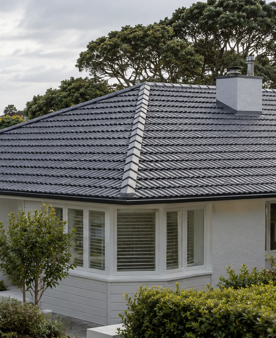Roof-focused architectural photograph of a simple mid-century home with a tiled hip roof in a leafy Auckland-style residential setting