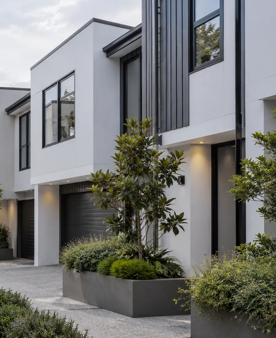 Auckland townhouse cluster with consistent painted exterior surfaces and shared access courtyard