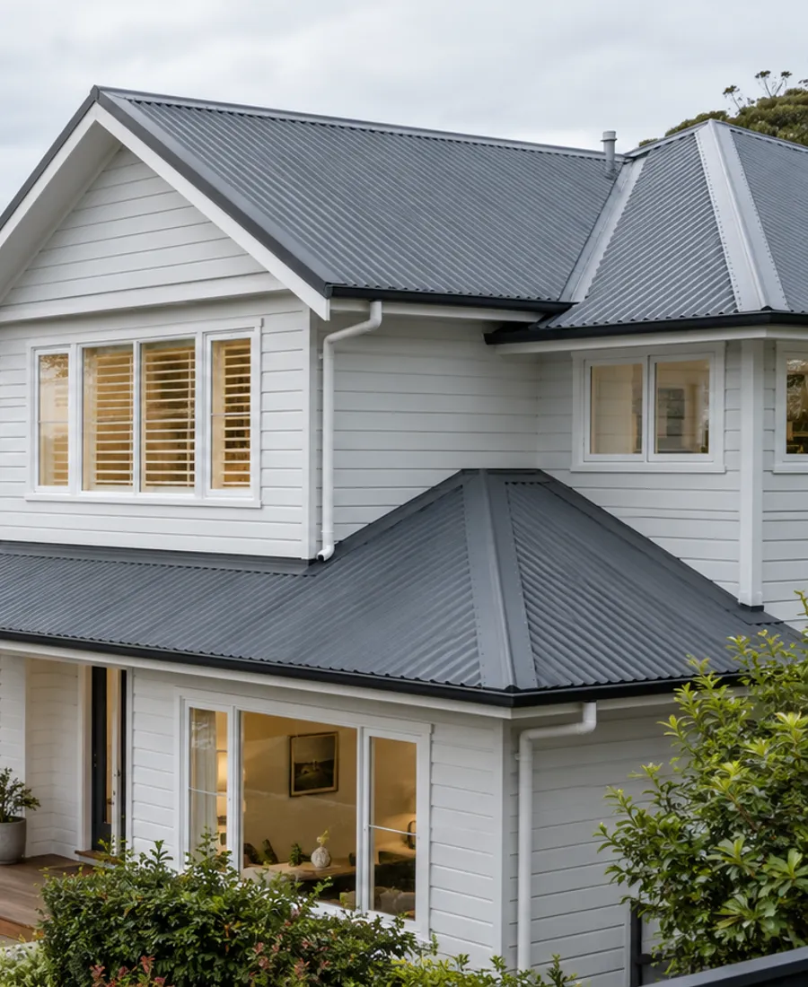 Roof-focused architectural photograph of a two-storey weatherboard home with a pitched metal roof in a leafy Auckland-style residential setting