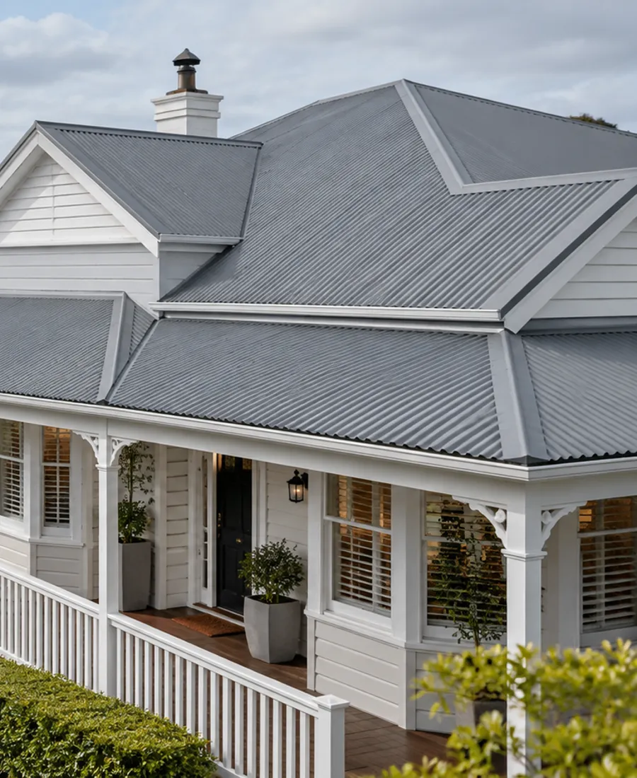 Roof-focused architectural photograph of an established timber villa with pale cladding and a grey metal roof in a leafy Auckland-style residential setting