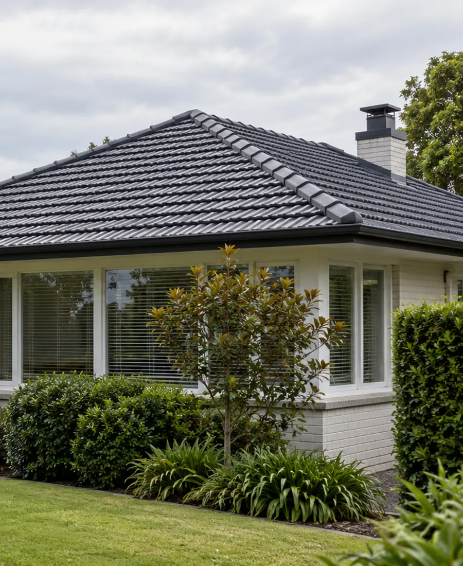 Roof-focused architectural photograph of a simple mid-century home with a tiled hip roof in a leafy Auckland-style residential setting