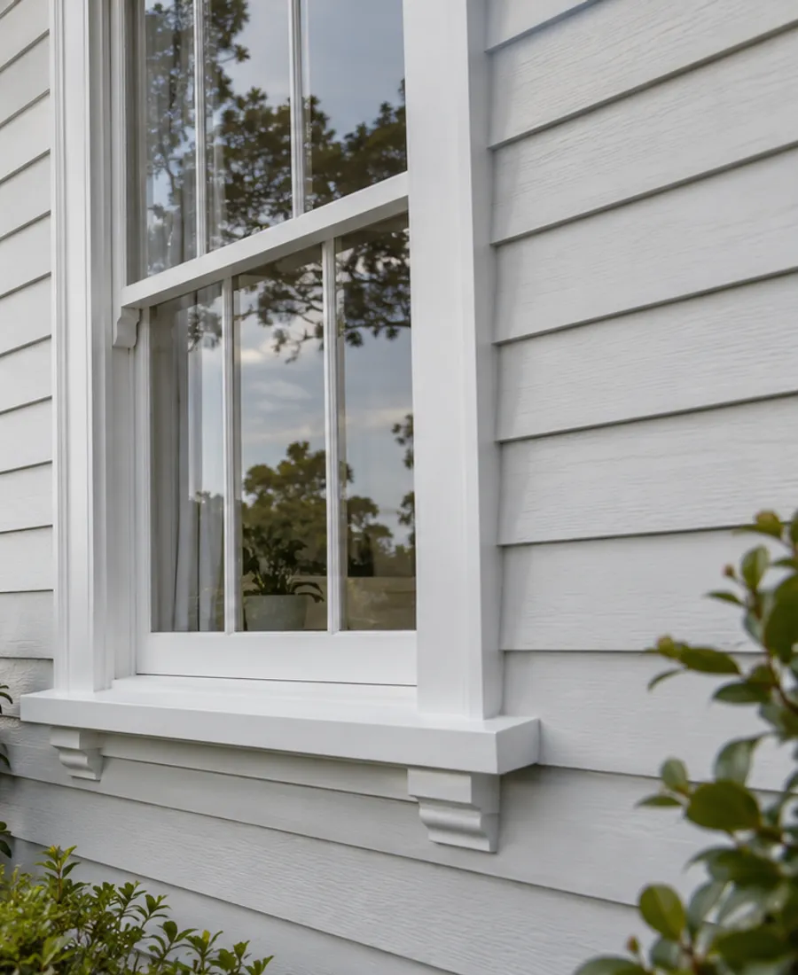 Close architectural view of painted horizontal weatherboards on an Auckland villa with sash window, subtly visible timber grain