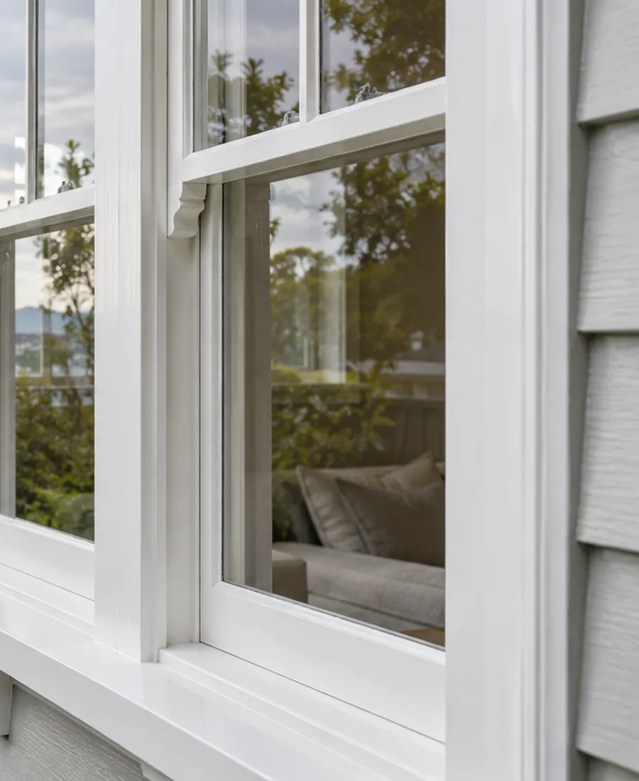 Close architectural detail of a painted timber sash window on an Auckland weatherboard house, clean glass and joinery